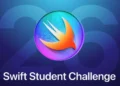 Logo burung Swift di atas teks "Swift Student Challenge" dengan latar belakang kode pemrograman, melambangkan kompetisi coding Apple.