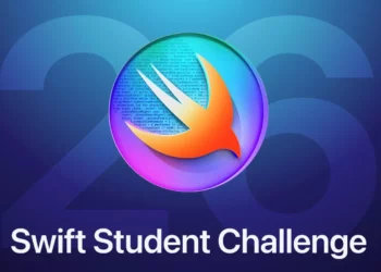 Logo burung Swift di atas teks "Swift Student Challenge" dengan latar belakang kode pemrograman, melambangkan kompetisi coding Apple.