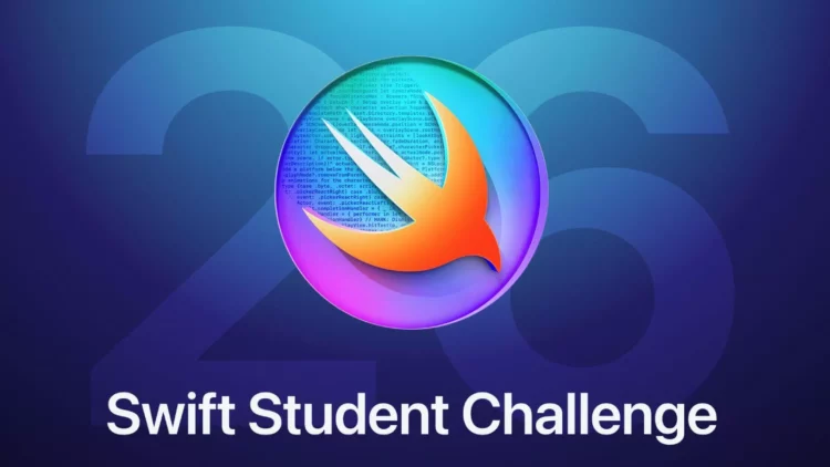 Logo burung Swift di atas teks "Swift Student Challenge" dengan latar belakang kode pemrograman, melambangkan kompetisi coding Apple.