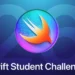 Logo burung Swift di atas teks "Swift Student Challenge" dengan latar belakang kode pemrograman, melambangkan kompetisi coding Apple.