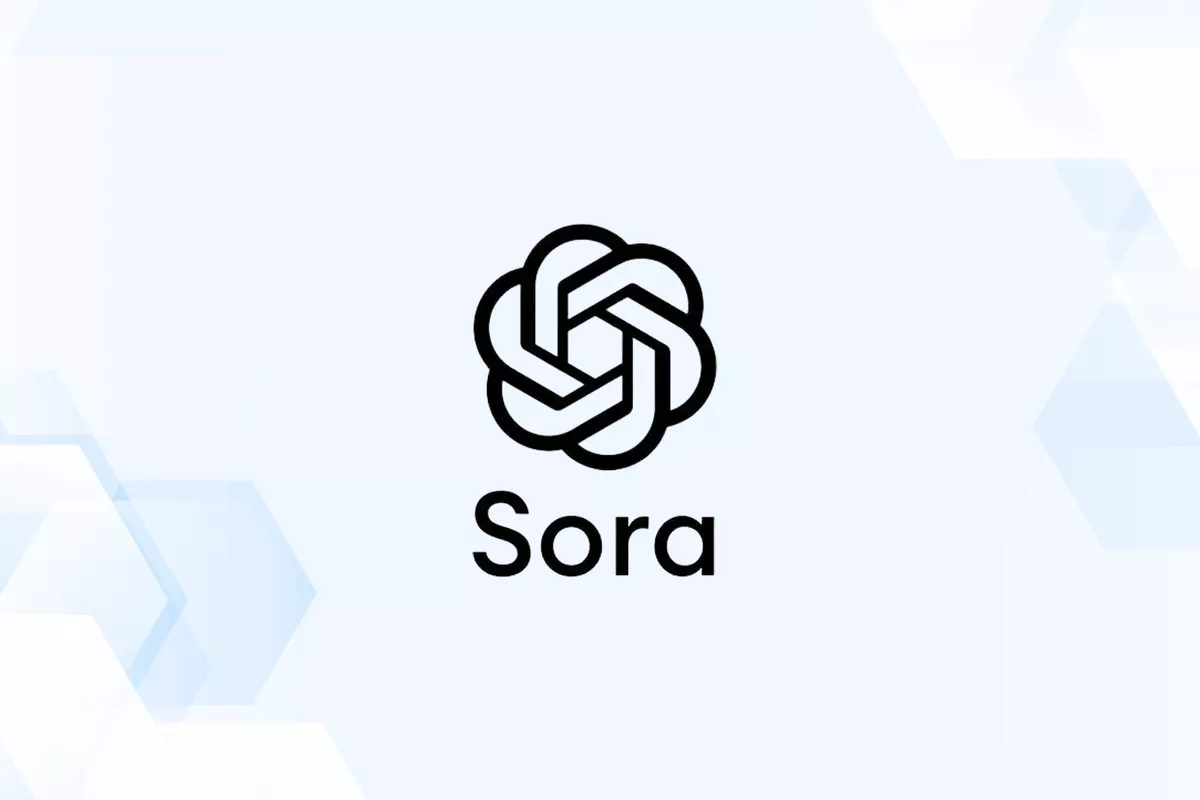 Logo model video generatif OpenAI, Sora, berwarna hitam di latar belakang putih.