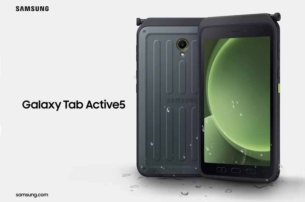 Tampilan tablet Samsung Galaxy Tab Active 5 Pro yang tahan banting dengan bodi tebal dan bingkai pelindung.