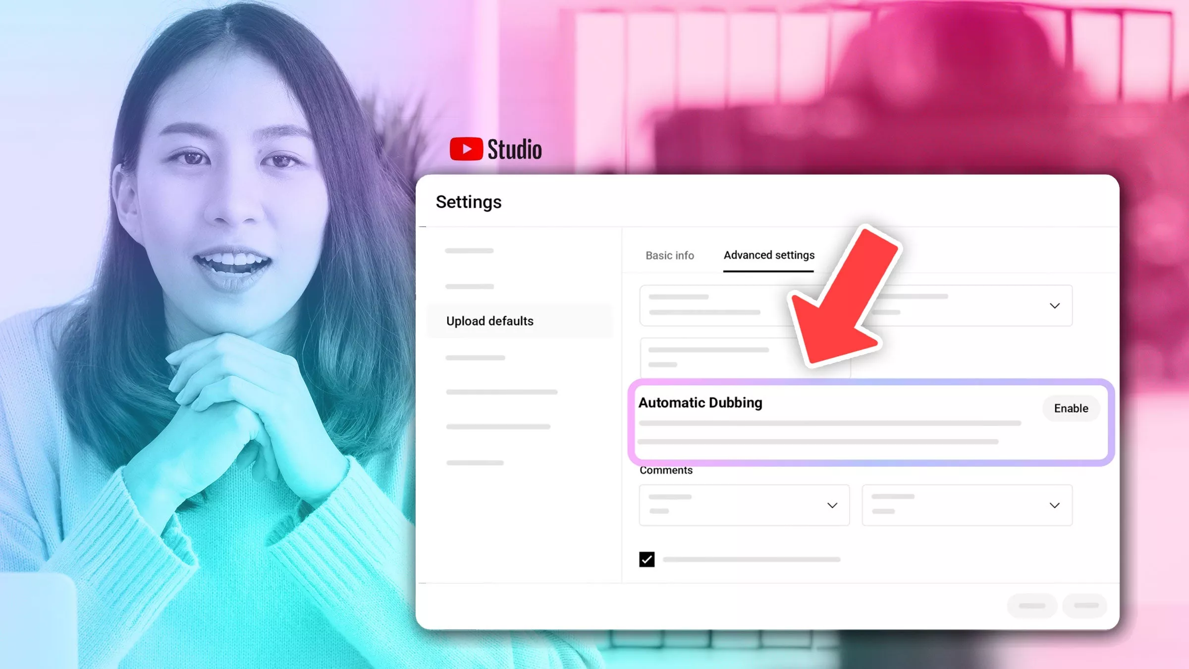 Tampilan Advanced Settings YouTube Studio dengan fokus pada opsi "Automatic Dubbing" yang bisa di-Enable atau Disable.