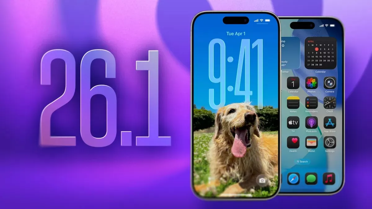 Dua unit iPhone menampilkan lock screen dan home screen iOS, dengan angka besar "26.1" di latar belakang ungu, menyoroti fitur widget dan personalisasi.