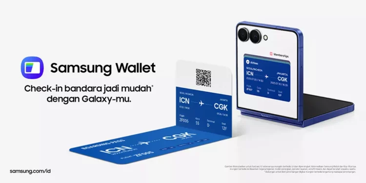 Iklan Samsung Wallet yang menampilkan ponsel Galaxy terbuka di atas papan permainan (monopoli) dengan ikon kartu, boarding pass, dan kunci mobil, menyoroti fitur utama.
