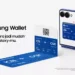 Iklan Samsung Wallet yang menampilkan ponsel Galaxy terbuka di atas papan permainan (monopoli) dengan ikon kartu, boarding pass, dan kunci mobil, menyoroti fitur utama.