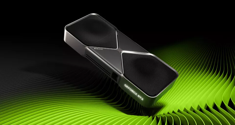 Kartu grafis NVIDIA GeForce RTX 4000 Series (hitam metalik) yang ditampilkan secara futuristik di atas gelombang hijau neon, mewakili teknologi GPU NVIDIA.