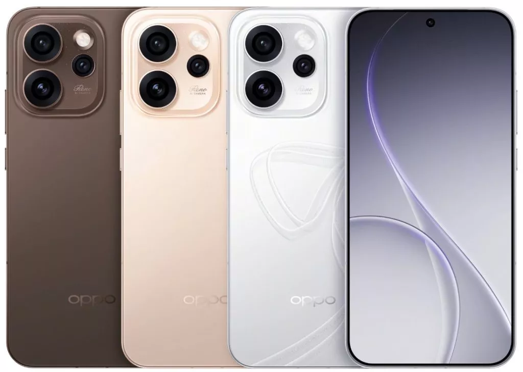 Deretan empat unit ponsel OPPO Reno 15 Series (diduga) dalam warna cokelat, emas, putih, dan tampilan depan, menyorot desain kamera yang unik.