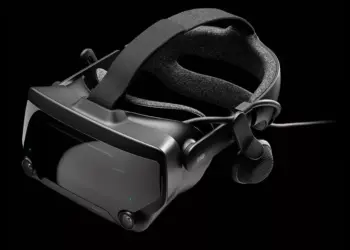 Tampilan detail headset VR hitam, yang diduga sebagai Steam Frame atau headset VR generasi terbaru Valve, dengan latar belakang gelap.