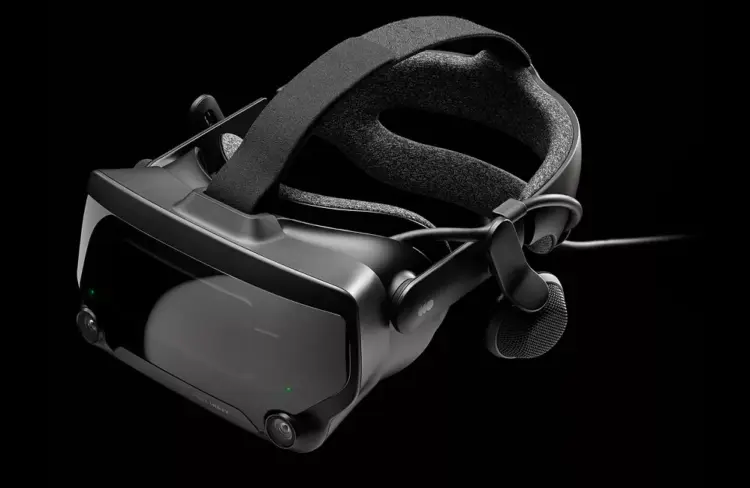 Tampilan detail headset VR hitam, yang diduga sebagai Steam Frame atau headset VR generasi terbaru Valve, dengan latar belakang gelap.