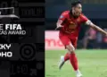 Grafis resmi FIFA Puskás Award menampilkan piala penghargaan dan foto Rizky Ridho sedang merayakan gol.