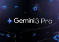 Logo Gemini 3 Pro yang futuristik berwarna biru muda di atas latar belakang biru tua yang gelap.