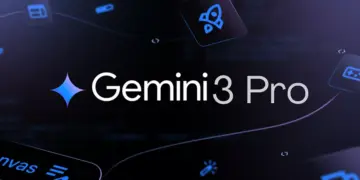 Logo Gemini 3 Pro yang futuristik berwarna biru muda di atas latar belakang biru tua yang gelap.