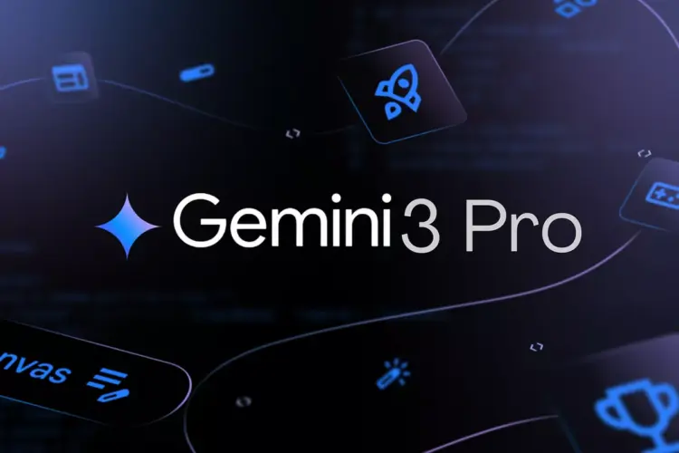 Logo Gemini 3 Pro yang futuristik berwarna biru muda di atas latar belakang biru tua yang gelap.