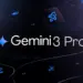 Logo Gemini 3 Pro yang futuristik berwarna biru muda di atas latar belakang biru tua yang gelap.