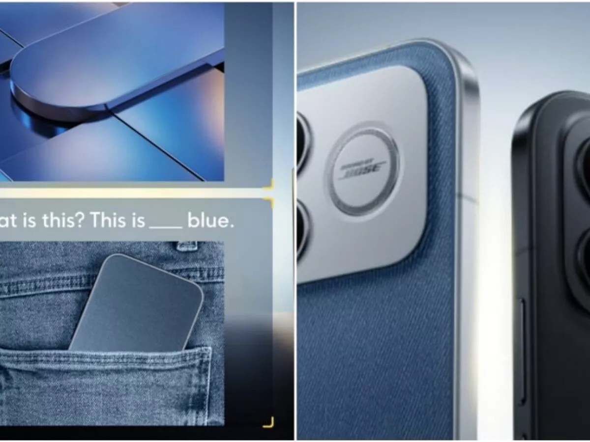 Tampilan close-up belakang smartphone Poco F8 Ultra dalam warna Denim Blue, menonjolkan tekstur unik pada bodi.