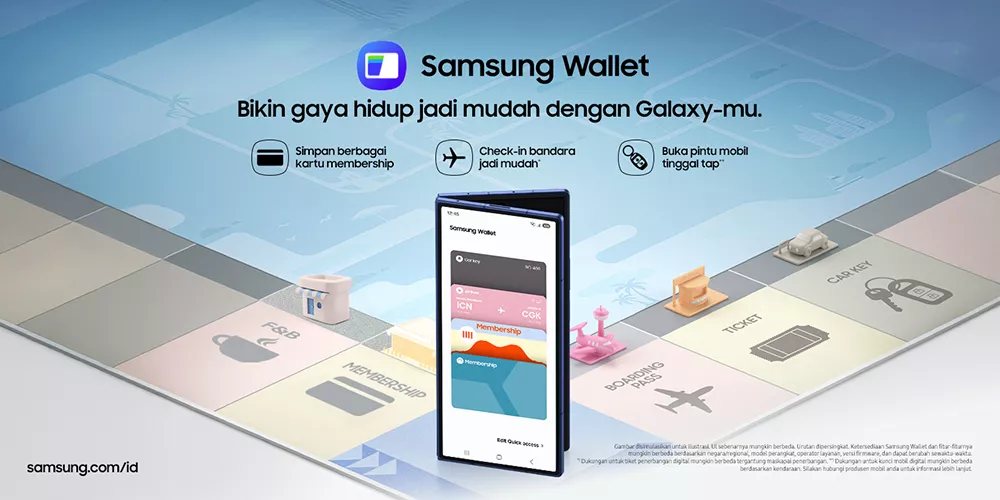 Iklan Samsung Wallet yang menampilkan ponsel Galaxy dengan boarding pass digital (rute ICN ke CGK) keluar dari layarnya, menekankan kemudahan check-in bandara.