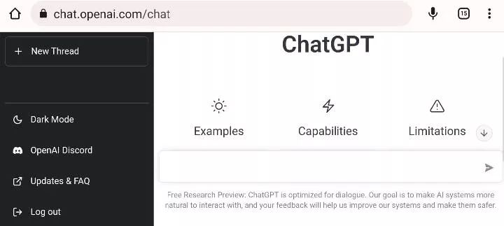 Tampilan antarmuka web ChatGPT di peramban seluler, menunjukkan opsi Dark Mode di menu samping.