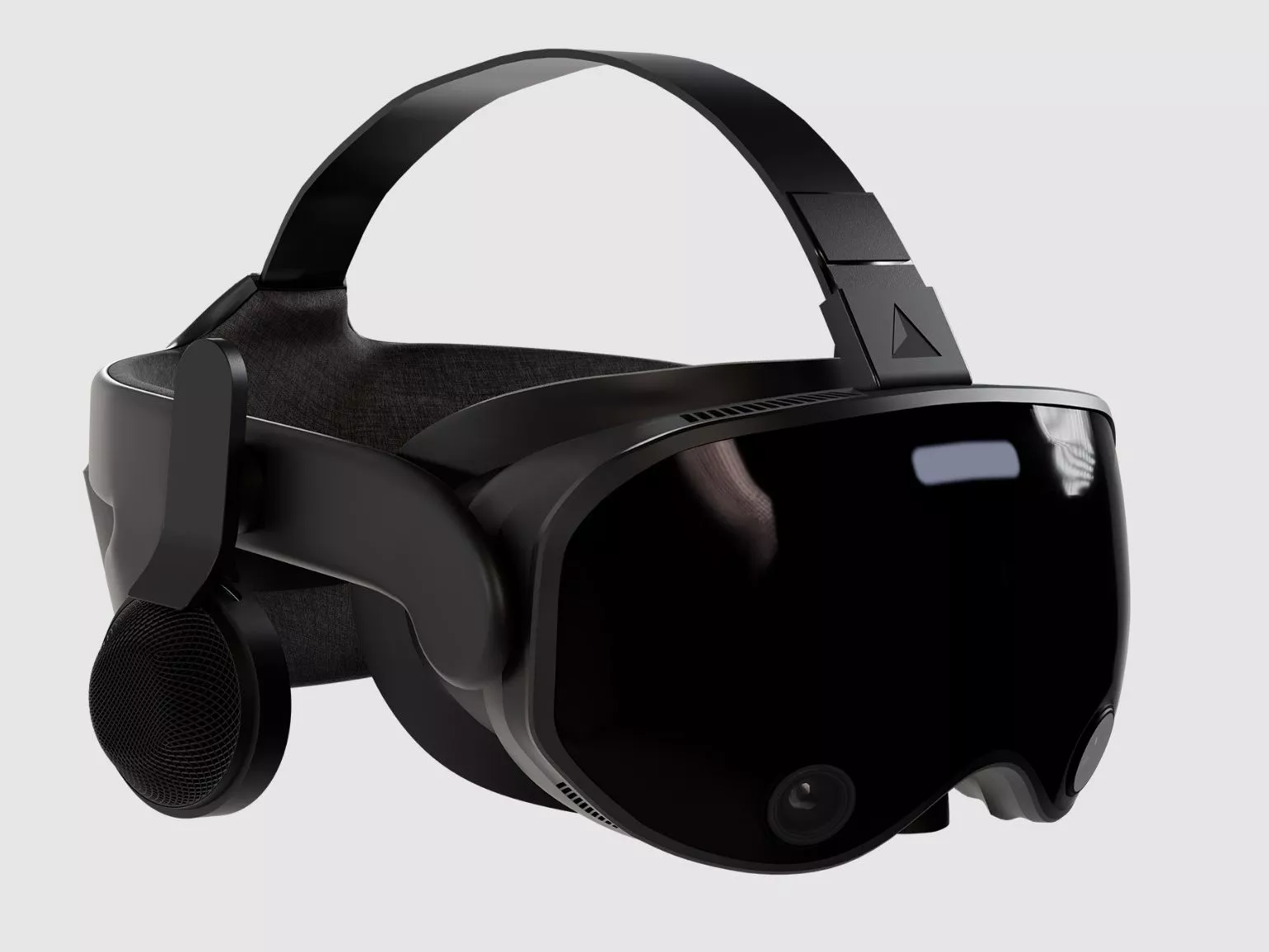 Render atau gambar konsep headset VR baru Valve yang ramping dan berwarna hitam, diduga merupakan desain dari Steam Frame.