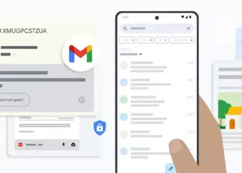 Ilustrasi data email yang diproses oleh kecerdasan buatan (AI) atau algoritma machine learning.