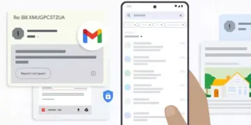Ilustrasi data email yang diproses oleh kecerdasan buatan (AI) atau algoritma machine learning.