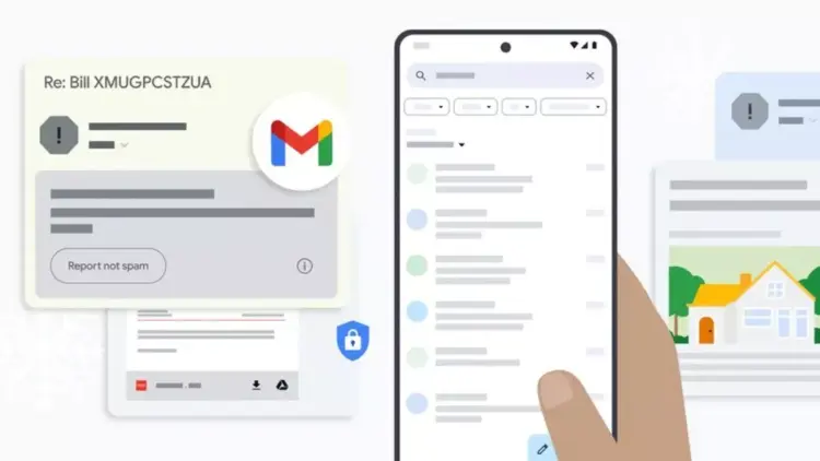 Ilustrasi data email yang diproses oleh kecerdasan buatan (AI) atau algoritma machine learning.