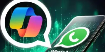 Logo WhatsApp di smartphone dengan simbol Artificial Intelligence atau chip, menyimbolkan integrasi teknologi AI.