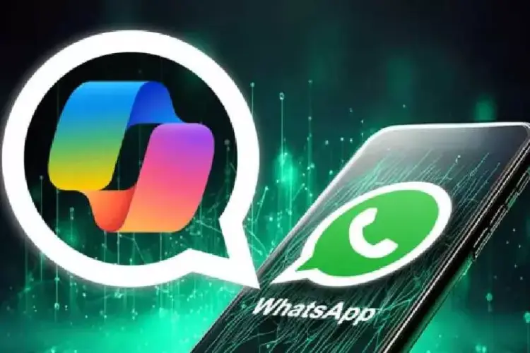 Logo WhatsApp di smartphone dengan simbol Artificial Intelligence atau chip, menyimbolkan integrasi teknologi AI.