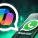 Logo WhatsApp di smartphone dengan simbol Artificial Intelligence atau chip, menyimbolkan integrasi teknologi AI.