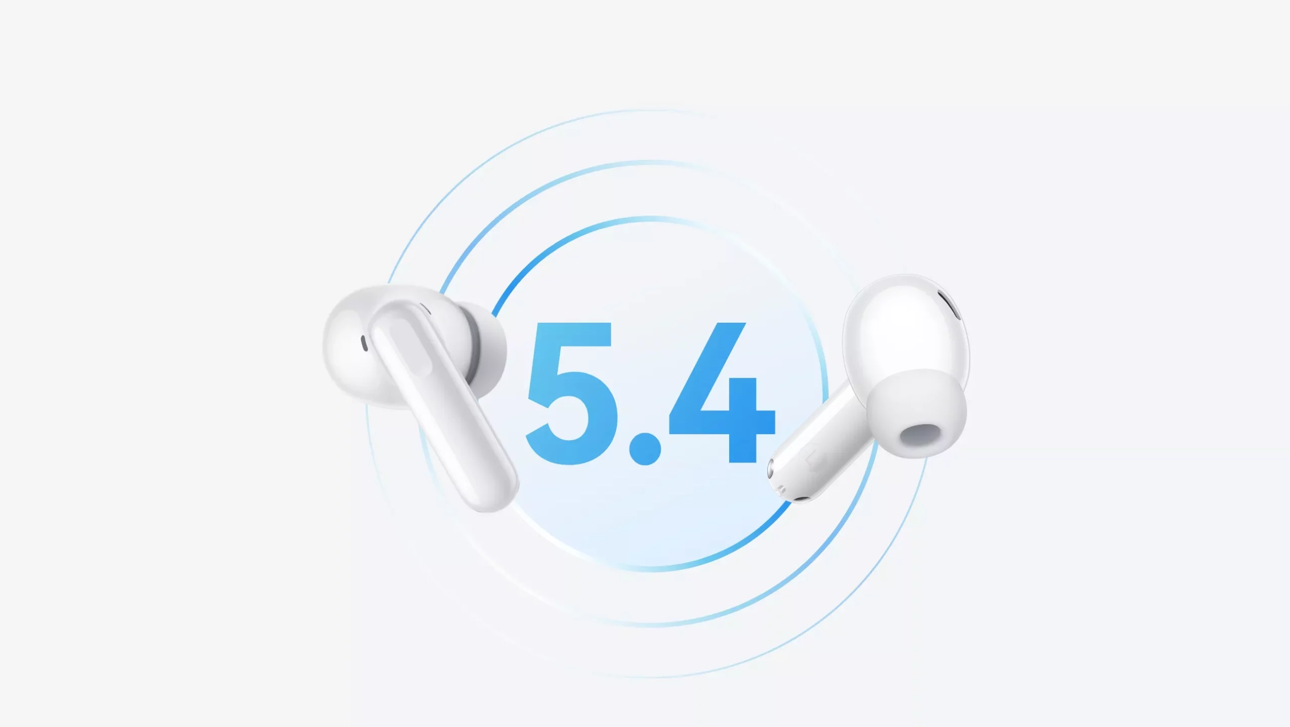 Dua Huawei FreeBuds SE 4 berwarna putih melayang di samping angka besar "5.4" yang diiringi lingkaran sinyal.