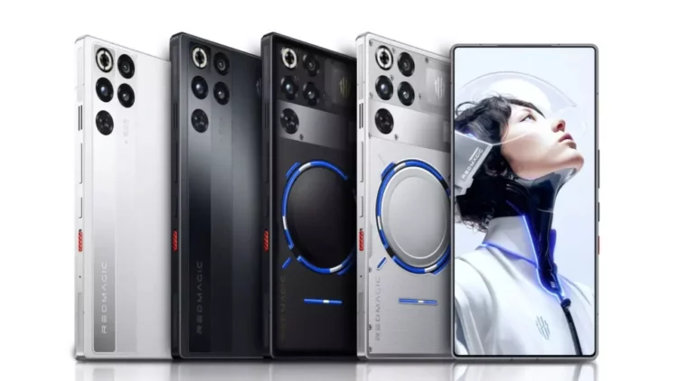 Lima unit smartphone gaming RedMagic 11 Pro dalam barisan, menampilkan desain futuristik berwarna putih, hitam, dan perak, dengan salah satu unit menampilkan wallpaper wanita berhelm luar angkasa.