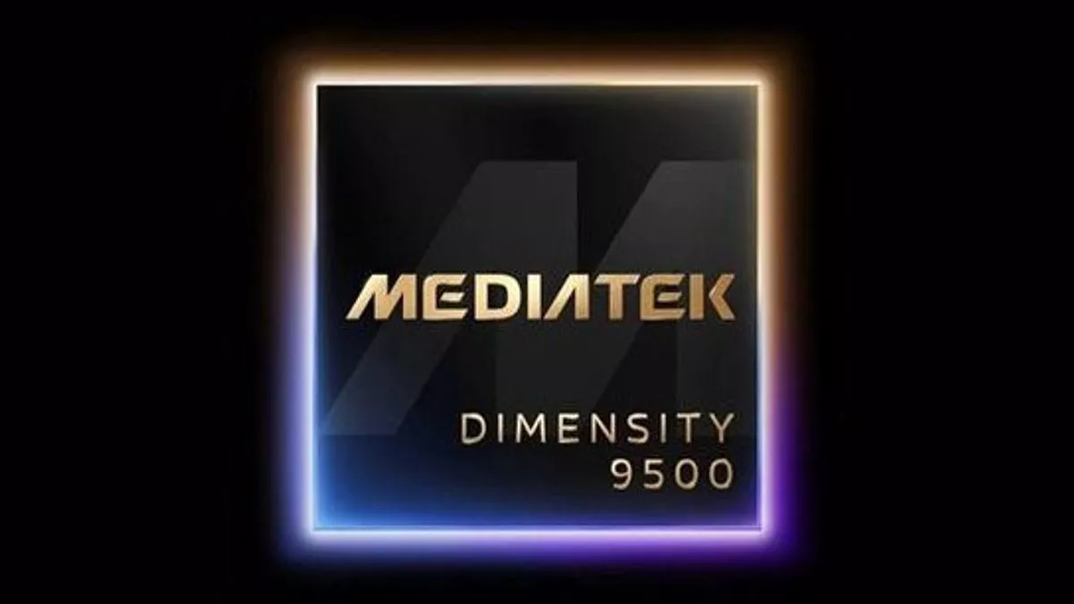Logo MediaTek Dimensity 9500 dengan glow neon berwarna ungu dan biru, mengindikasikan chipset flagship bertenaga tinggi.