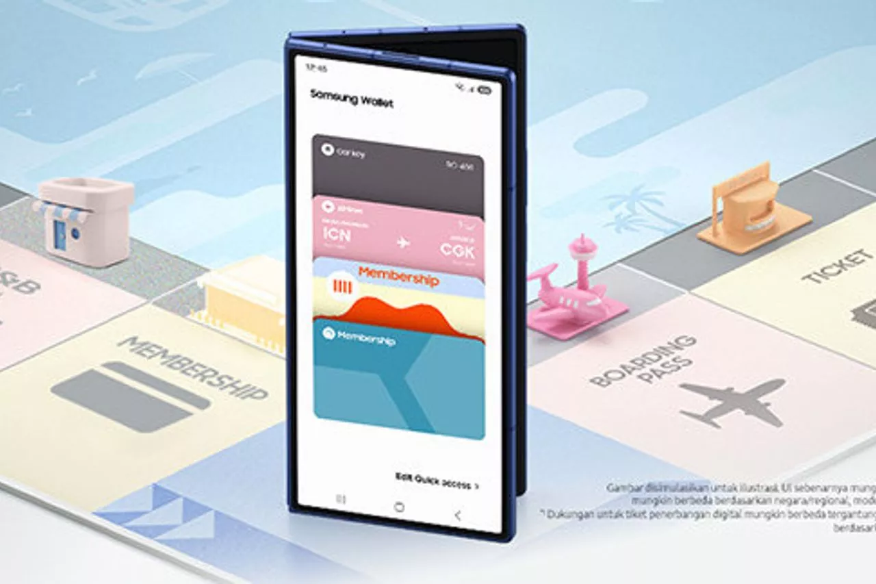 Tampilan antarmuka Samsung Wallet pada ponsel Galaxy yang terbuka, menunjukkan tumpukan kartu digital seperti Car Key, Boarding Pass, dan kartu Membership.