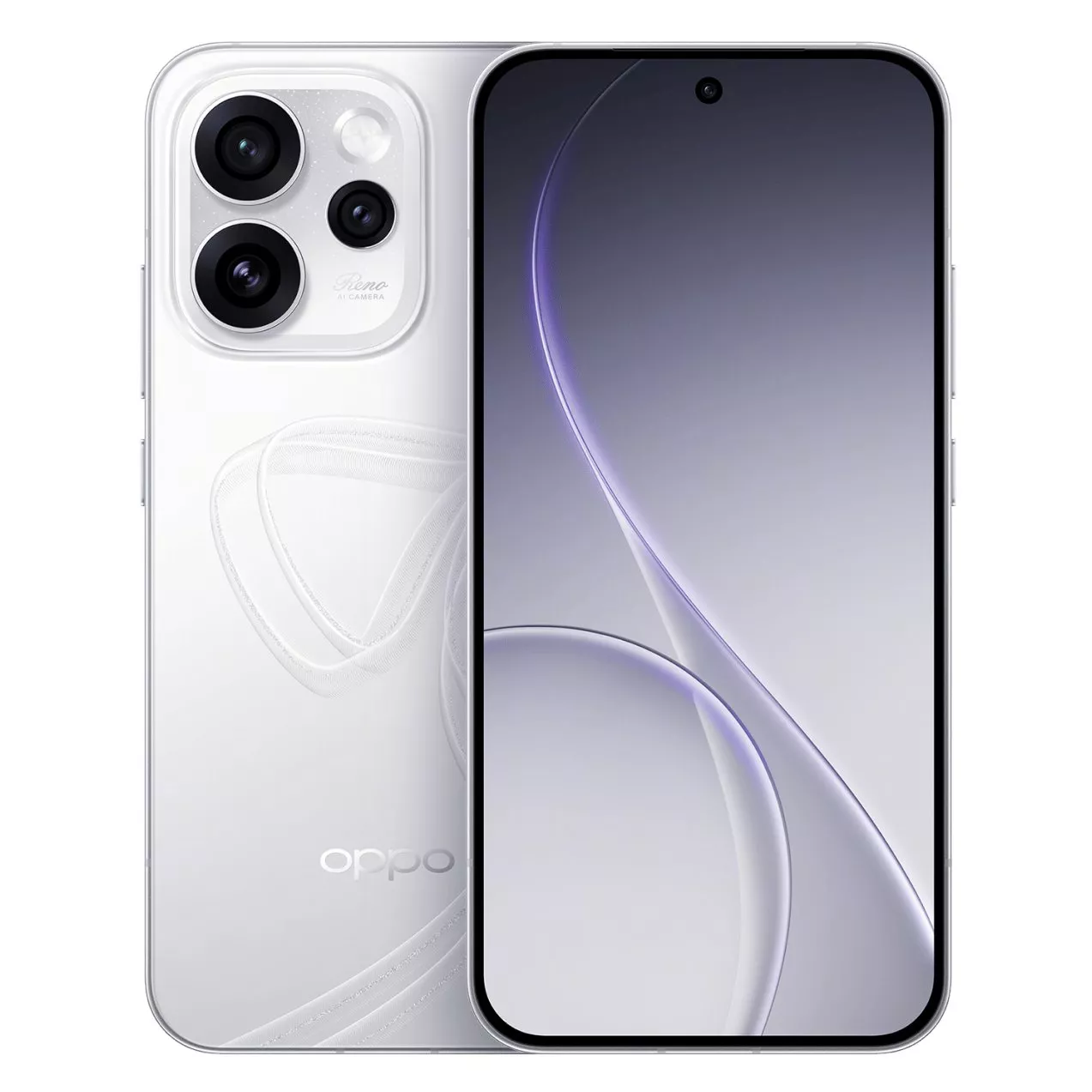 Tampilan depan dan belakang ponsel OPPO Reno 15 Series (diduga) berwarna putih, menyorot desain kamera dan punch-hole di layar.