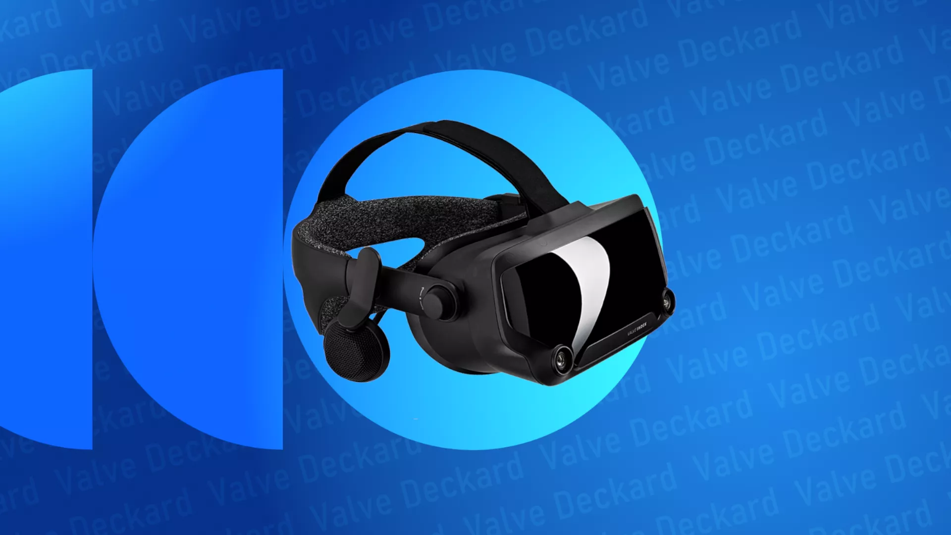 Headset VR Valve dengan latar belakang grafis biru terang dan pola teks 'Valve Deckard'.