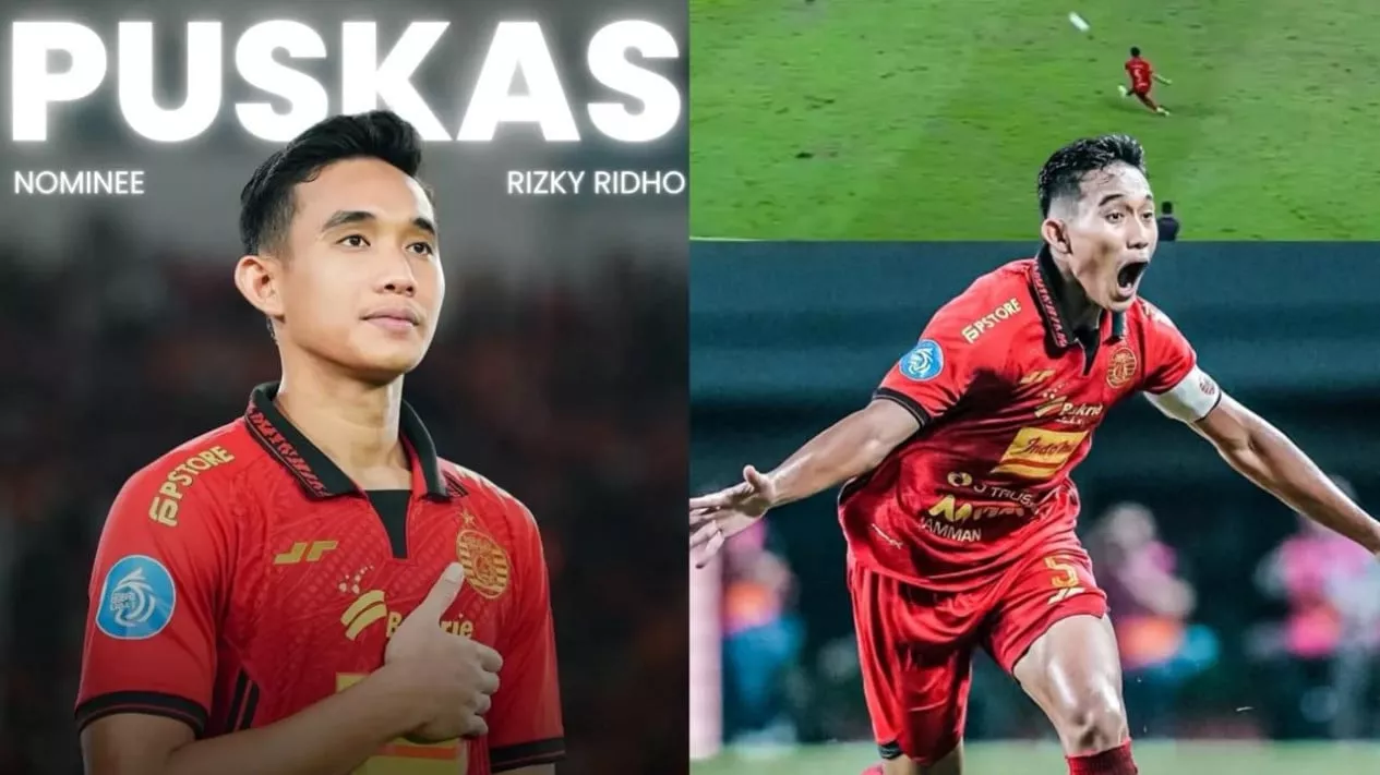 Kolase foto Rizky Ridho dengan jersey Persija, dengan tulisan besar "PUSKAS NOMINEE RIZKY RIDHO" dan cuplikan golnya.