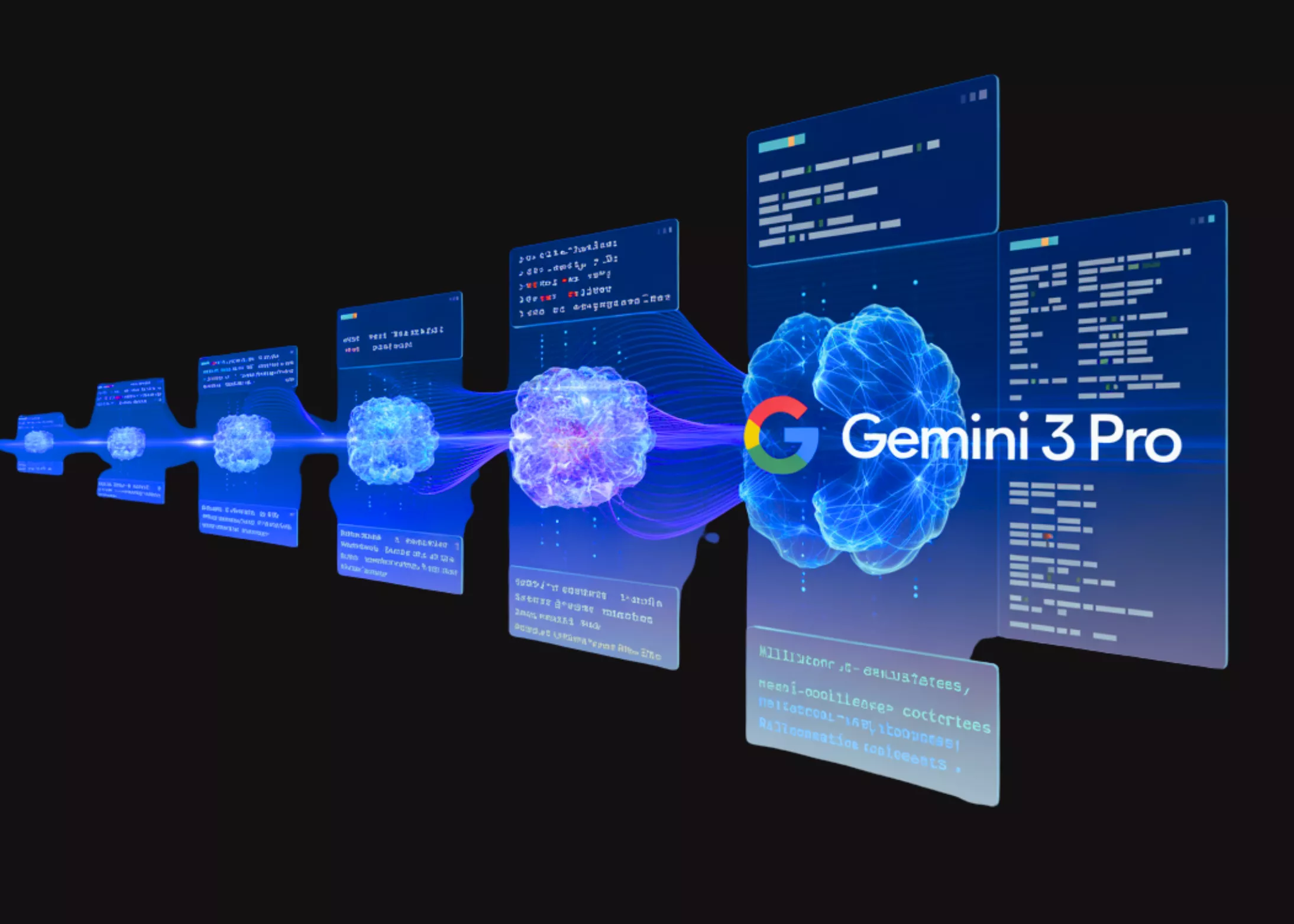 Visualisasi representasi otak/neuron yang terhubung dengan interface kode dan logo Google Gemini 3 Pro.