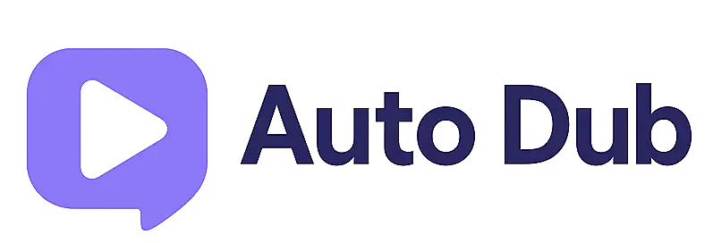 Logo Auto Dub dengan ikon kotak dialog ungu yang di dalamnya terdapat tombol play.