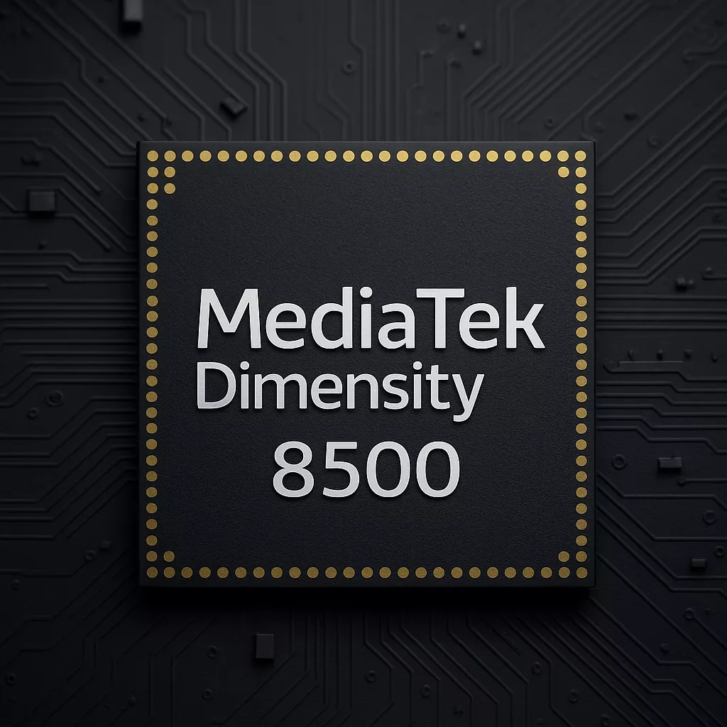 Logo chipset MediaTek Dimensity 8500 berwarna putih di atas latar belakang hitam dengan sirkuit digital, menandakan chipset kelas atas terbaru.