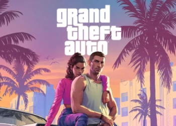 Judul utama Grand Theft Auto dengan logo GTA VI berwarna ungu cerah di sebelah kanan.