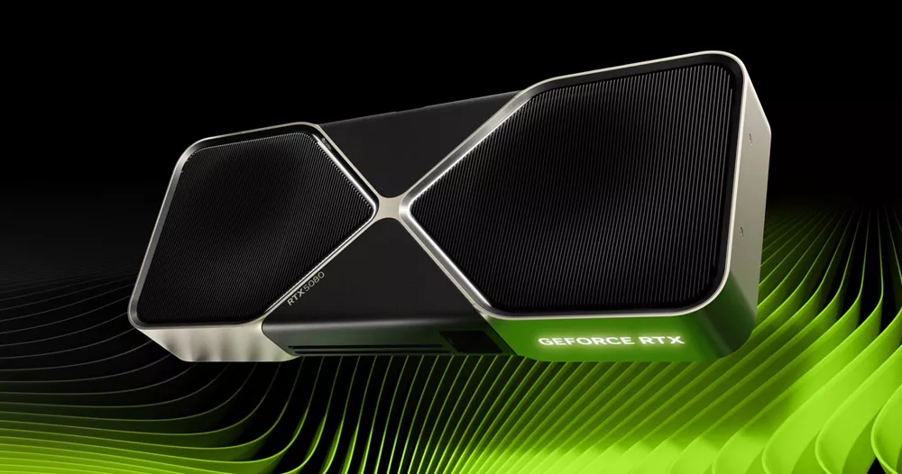 Kartu Grafis kelas atas NVIDIA GeForce RTX 5090 dengan desain Founders Edition, berwarna hitam dan garis chrome.