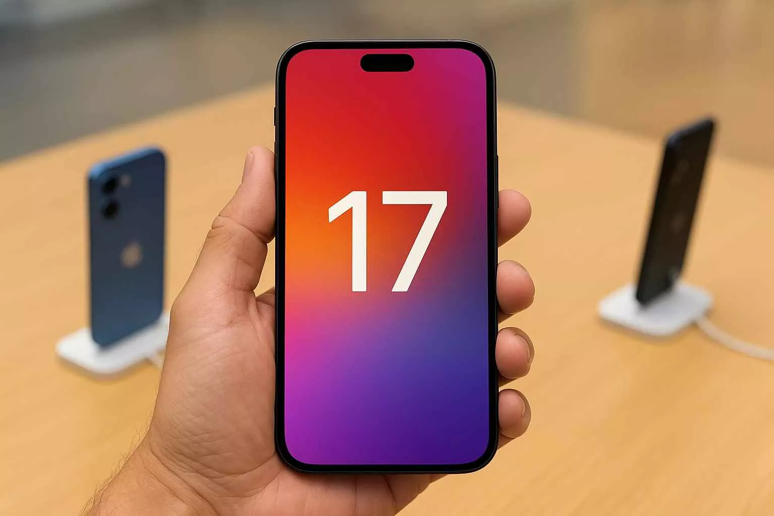 Tampilan layar smartphone Apple iPhone 17 dengan interface dan bezel yang sangat tipis.