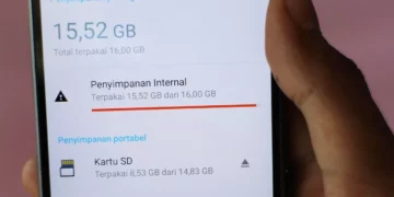 Tampilan layar smartphone yang menunjukkan "Penyimpanan Internal" sudah terpakai 15,52 GB dari total 16,00 GB.