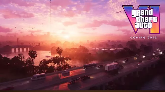 Logo Grand Theft Auto VI (GTA 6) dengan tulisan "Coming 2025" (Catatan: Kontradiksi dengan judul artikel) di atas pemandangan kota berlatar matahari terbit atau terbenam.