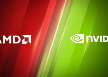 Logo AMD di sisi kiri (latar merah) dan logo NVIDIA di sisi kanan (latar hijau), melambangkan persaingan di pasar GPU.