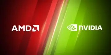 Logo AMD di sisi kiri (latar merah) dan logo NVIDIA di sisi kanan (latar hijau), melambangkan persaingan di pasar GPU.
