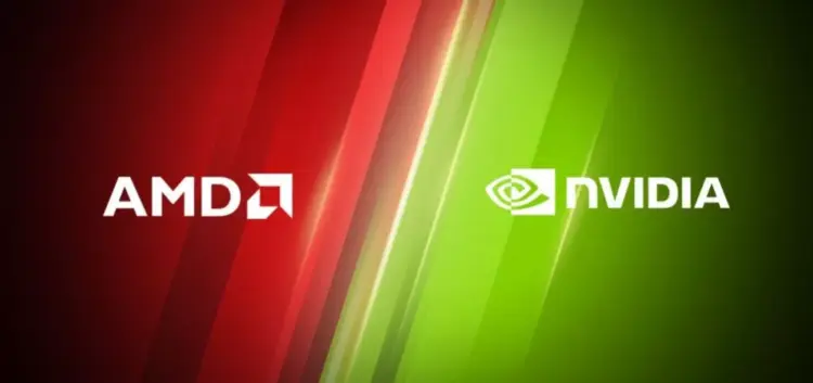 Logo AMD di sisi kiri (latar merah) dan logo NVIDIA di sisi kanan (latar hijau), melambangkan persaingan di pasar GPU.