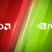 Logo AMD di sisi kiri (latar merah) dan logo NVIDIA di sisi kanan (latar hijau), melambangkan persaingan di pasar GPU.