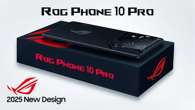 Render smartphone gaming ROG Phone 10 Pro diletakkan di atas kotak kemasan berwarna hitam dengan tulisan merah.