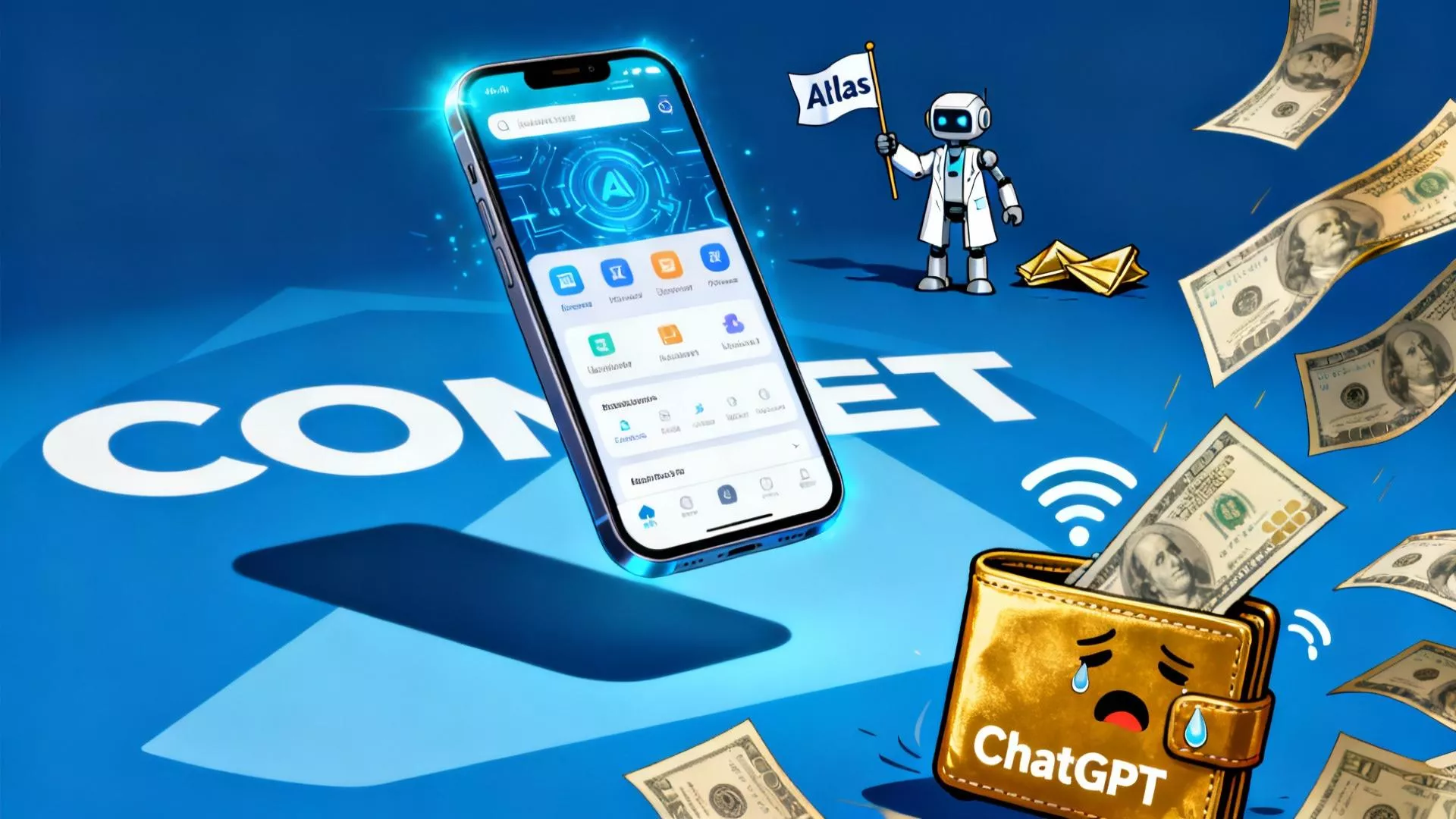 Ilustrasi smartphone Android dengan latar belakang atau efek digital yang menyimbolkan kecerdasan buatan (Artificial Intelligence).